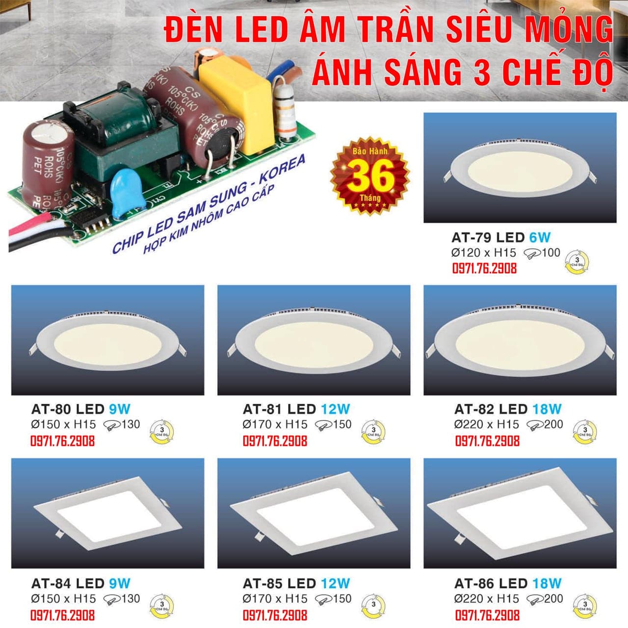 LED Âm Trần Siêu Mỏng 3 Chế Độ Sáng HUFA